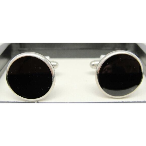 Tuxedo Junction Round Cufflinks Black & Silver Tone New IOB - Picture 3 of 10